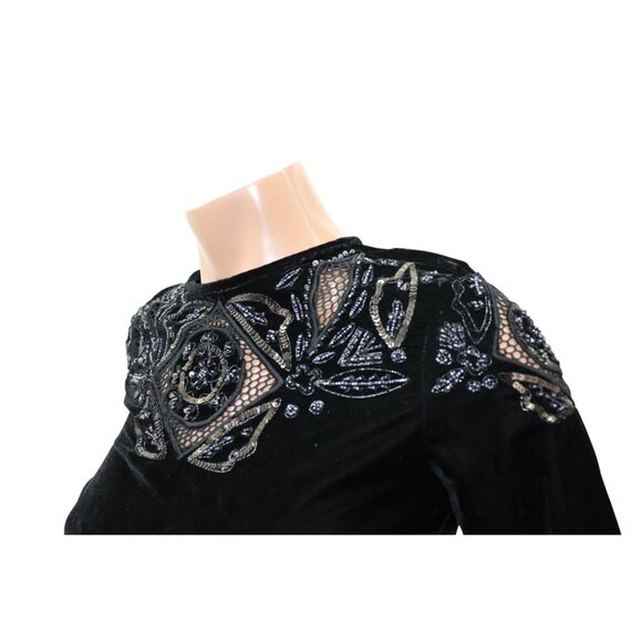 ZARA Black Velvet Embroidered Beaded Embellished Mini Dress Fringe Sleeves S - Picture 5 of 8